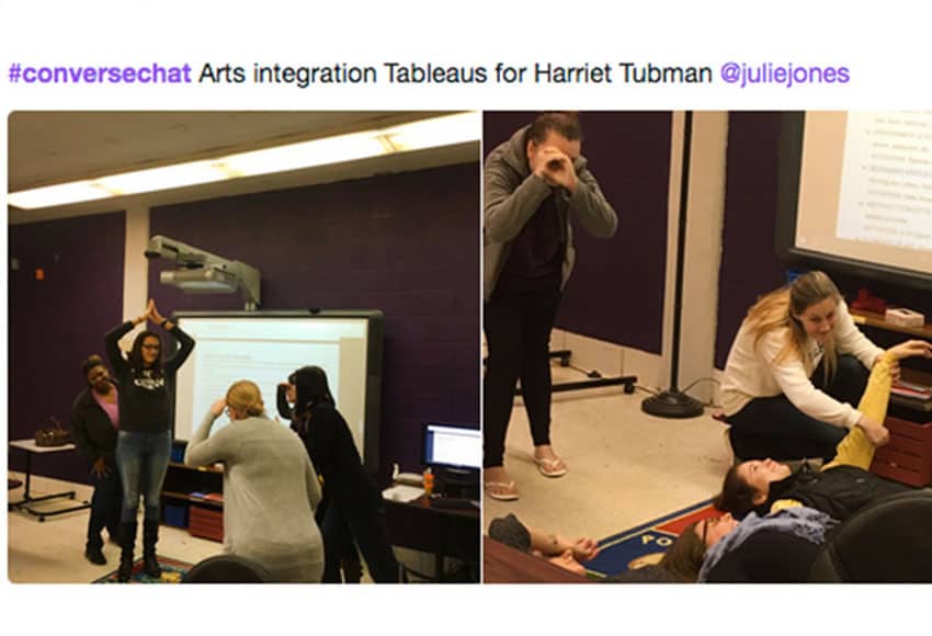 Students create a tableau for Julie Jones social studies class