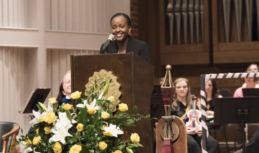 Natacha Karambizi speaks in Twichell Auditorium during Founder's Day 2018