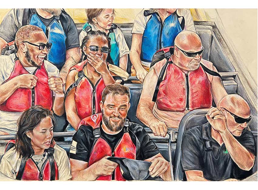 A group of people on a roller coaster; some are happy, others are indifferent. Art by Alyssa Lewis