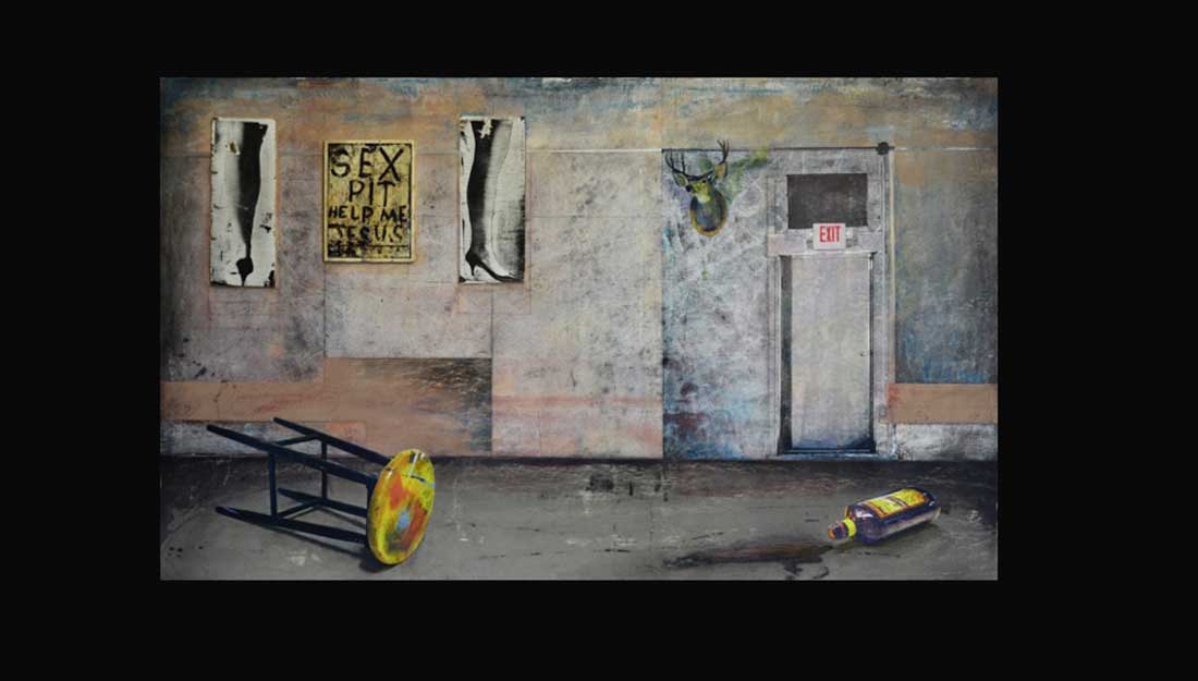Illustration of a barstool on the floor, an exit sign, and a spilled bottle of liquor.