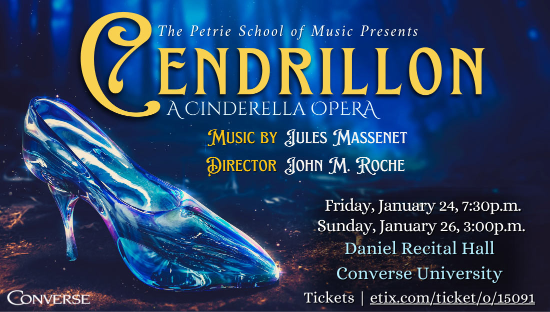 Promo poster for Cendrillon with single glass slipper surrounded by stars