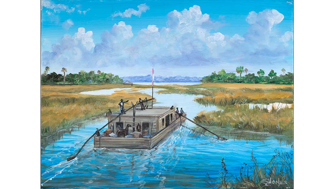 A Pontoon boat drifts on a river under a blue sky with puffy clouds.