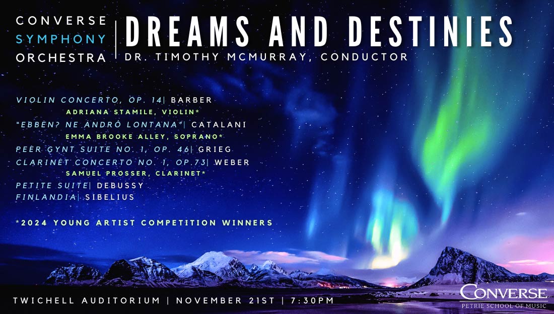 The text 'Dreams and Destinies" against a backdrop of the Northern lights behind low, snow-capped mountains.
