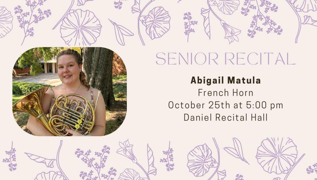 Portrait of Abby Matula on a pink background with purple drawings of flowers