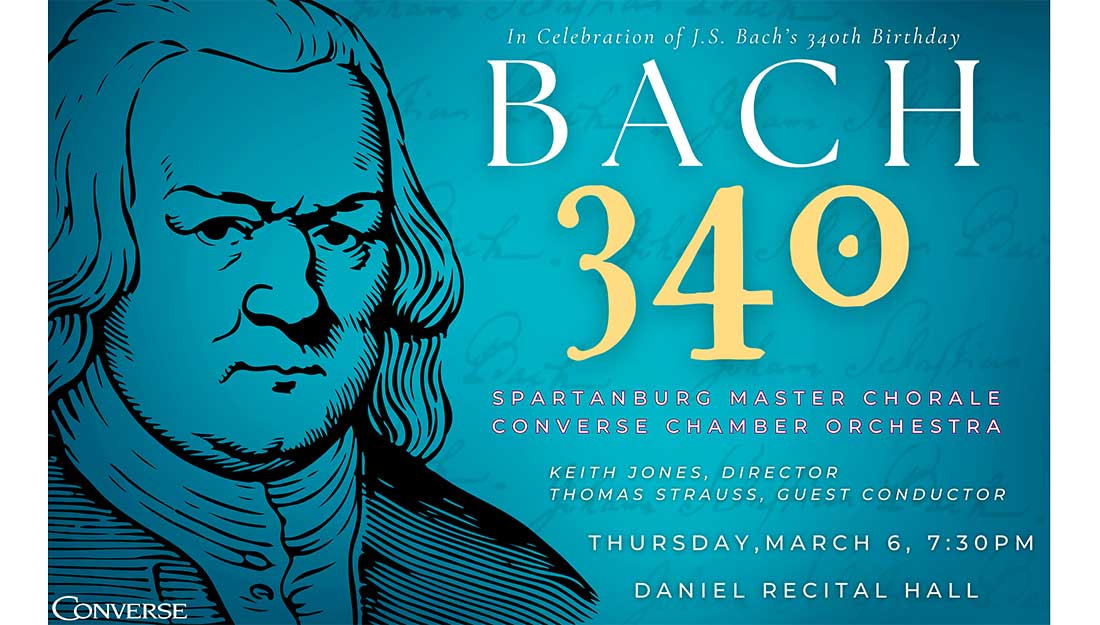A line drawing of Johann Sebastian Bach with the text '"in celebration of Johann Sebastian Bach's 340th birthday."
