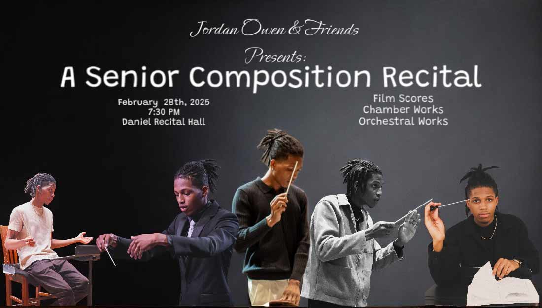 A composite of five photos of Jordan conducting.