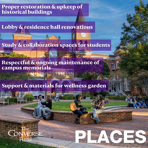 Image of front campus with Converse students socializing. Text reads, " proper restoration and upkeep of historical buildings, lobby and residence hall renovations, study & collaboration spaces for students, respectful and ongoing maintenance of campus memorials, support and materials for wellness garden."