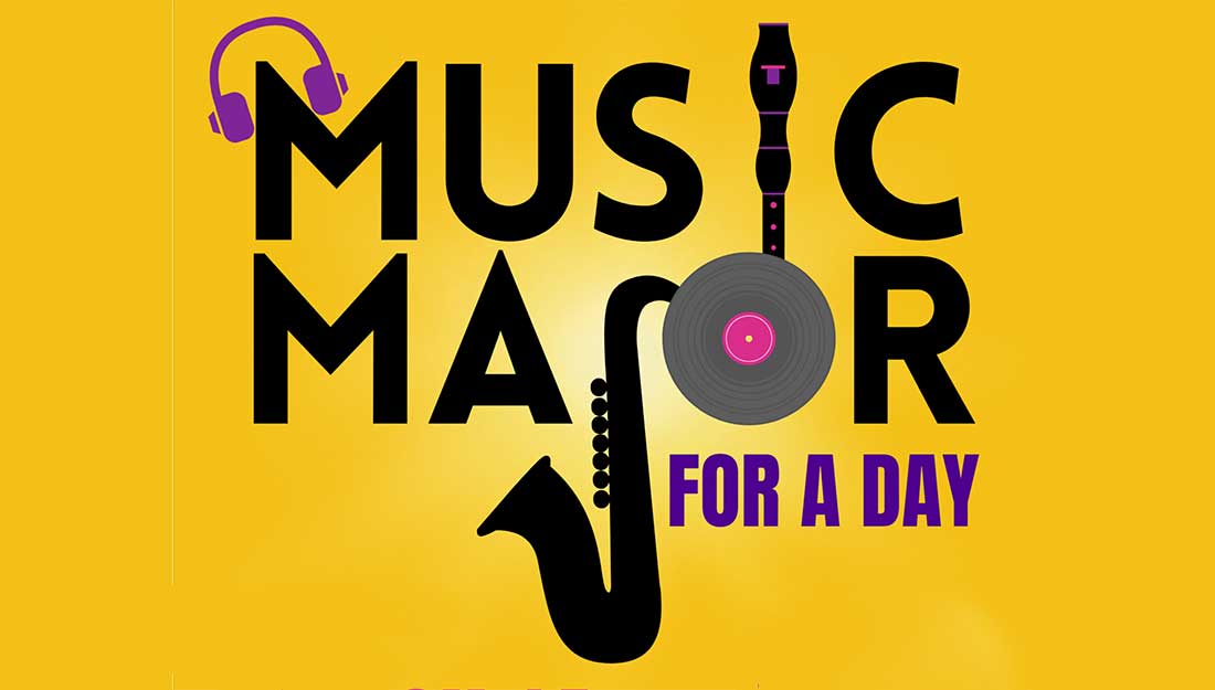 Silhouettes of various instruments with the text "music major for a day"
