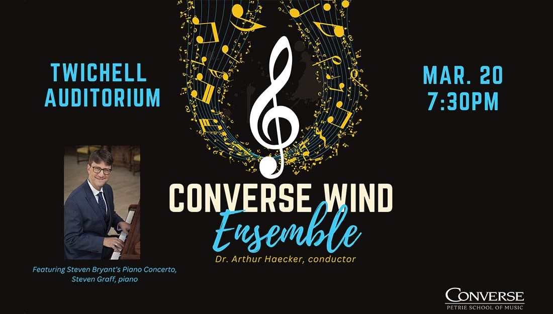 Steven Graff at the piano with the words Converse Wind Ensemble.